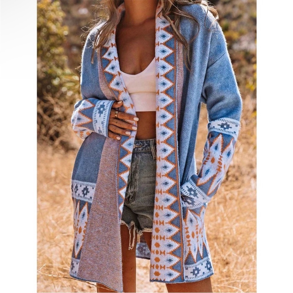 Boho Geo Print Open Front Long Turtleneck Knitted Cardigan Blue